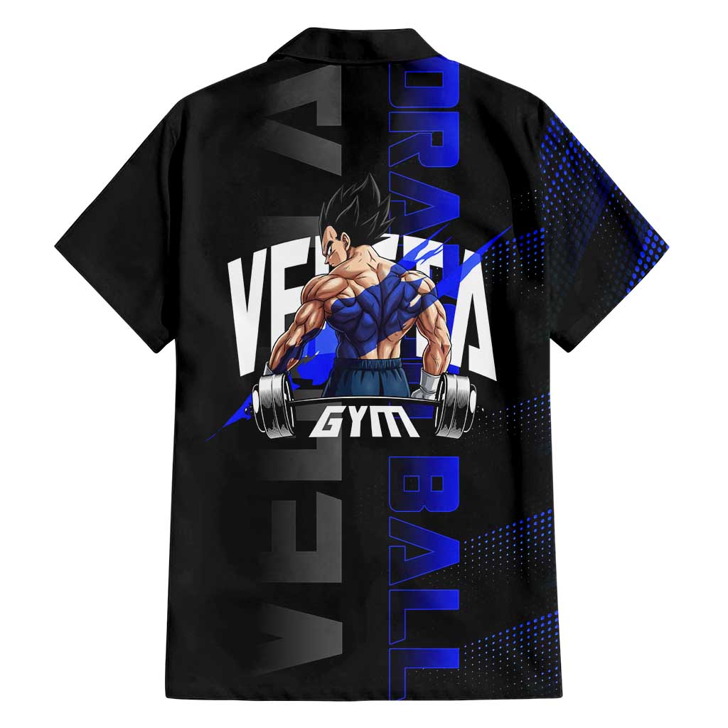 Vegeta Gym Theme Black and Blue Design Family Matching Off Shoulder Short Dress and Hawaiian Shirt with Powerlifting Pose and Saiyan Armor Style