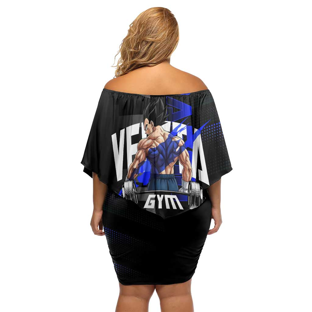 Vegeta Gym Theme Black and Blue Design Family Matching Off Shoulder Short Dress and Hawaiian Shirt with Powerlifting Pose and Saiyan Armor Style