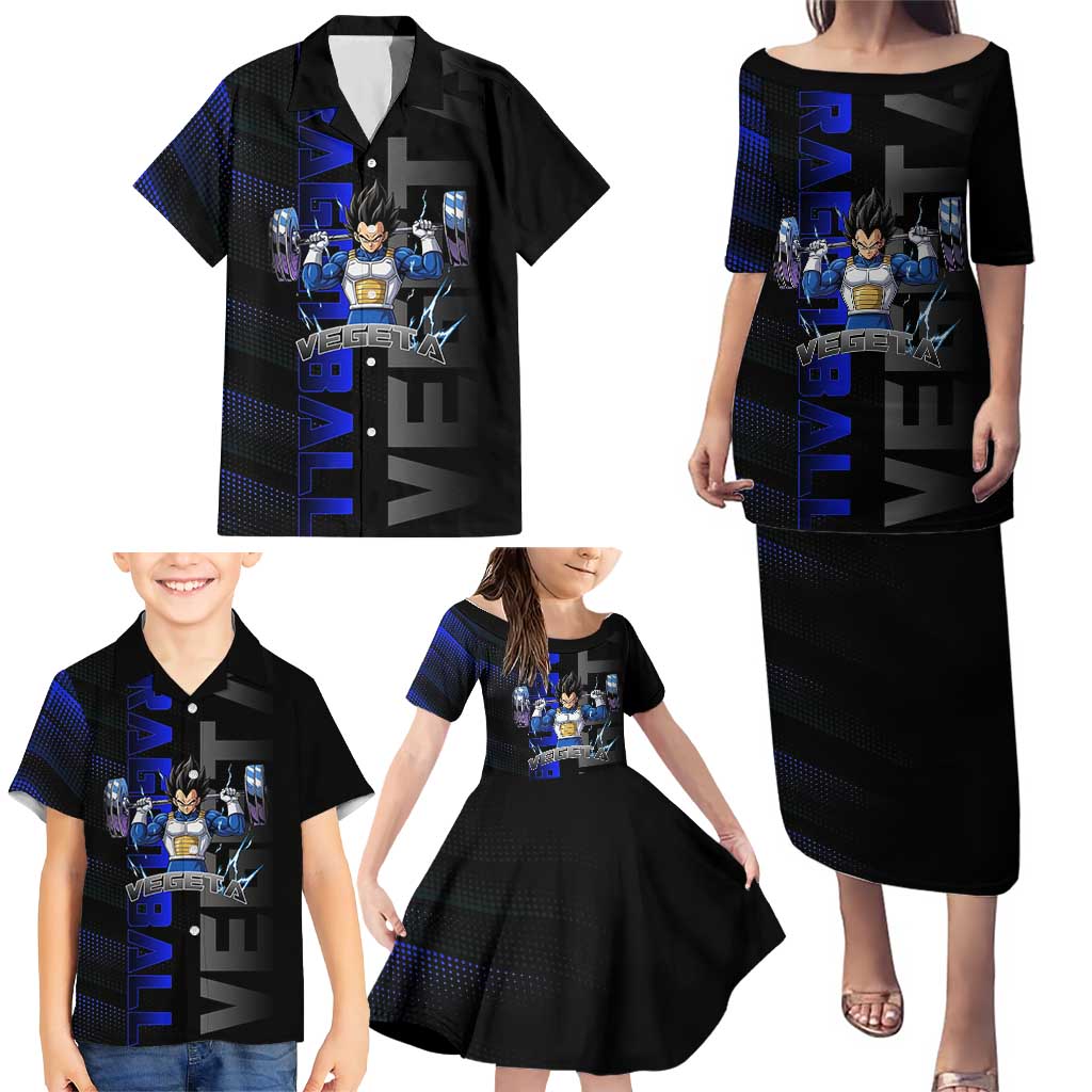 Vegeta Gym Theme Black and Blue Design Family Matching Puletasi and Hawaiian Shirt with Powerlifting Pose and Saiyan Armor Style