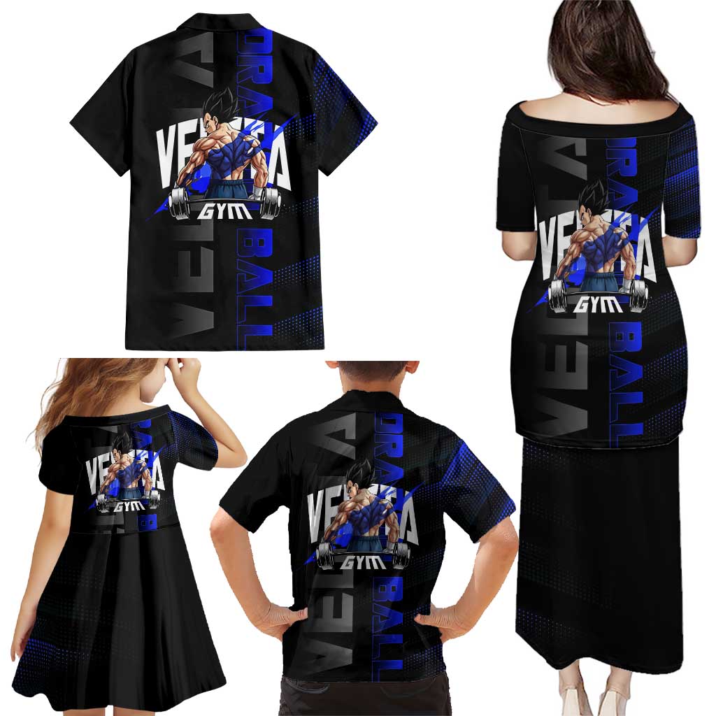 Vegeta Gym Theme Black and Blue Design Family Matching Puletasi and Hawaiian Shirt with Powerlifting Pose and Saiyan Armor Style