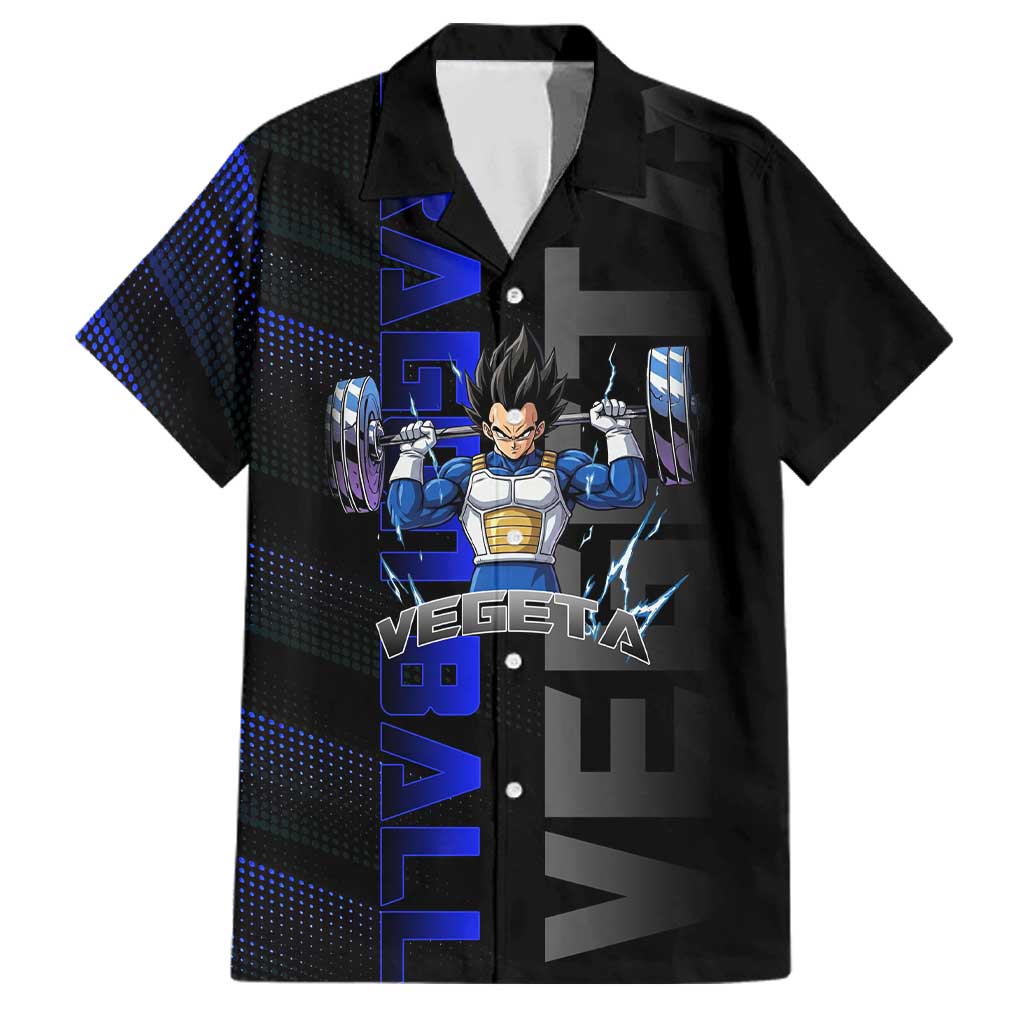 Vegeta Gym Theme Black and Blue Design Family Matching Puletasi and Hawaiian Shirt with Powerlifting Pose and Saiyan Armor Style