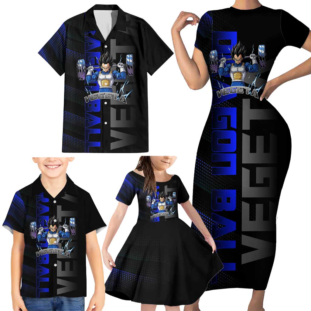 Vegeta Gym Theme Black and Blue Design Family Matching Short Sleeve Bodycon Dress and Hawaiian Shirt with Powerlifting Pose and Saiyan Armor Style