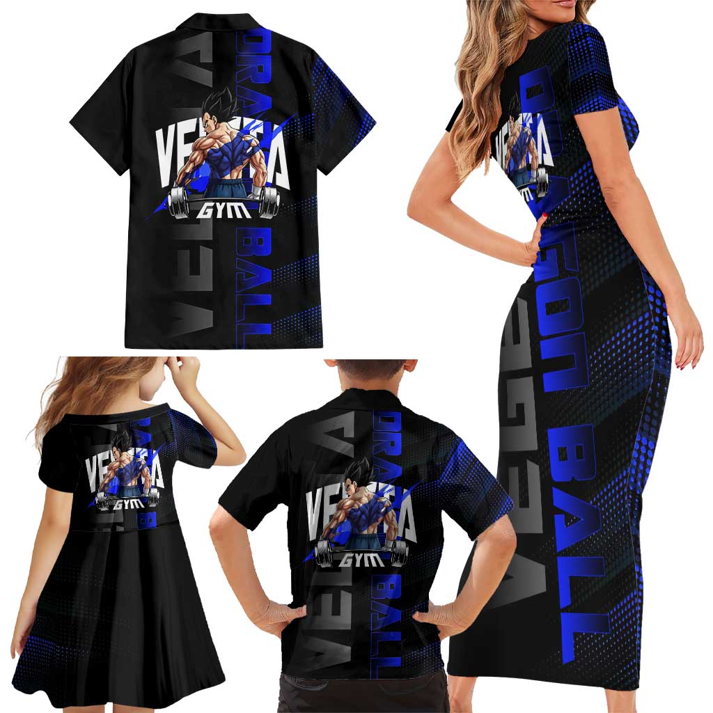 Vegeta Gym Theme Black and Blue Design Family Matching Short Sleeve Bodycon Dress and Hawaiian Shirt with Powerlifting Pose and Saiyan Armor Style