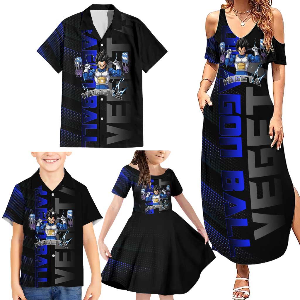 Vegeta Gym Theme Black and Blue Design Family Matching Summer Maxi Dress and Hawaiian Shirt with Powerlifting Pose and Saiyan Armor Style