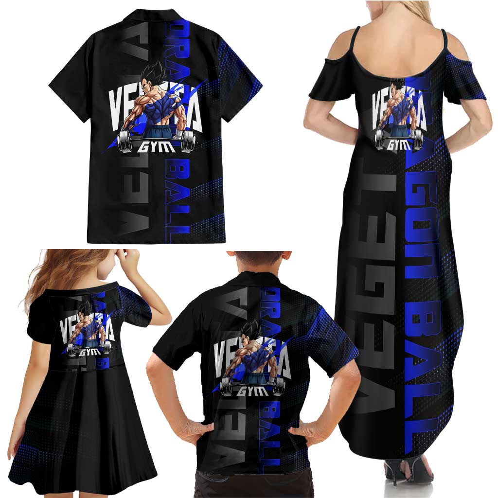 Vegeta Gym Theme Black and Blue Design Family Matching Summer Maxi Dress and Hawaiian Shirt with Powerlifting Pose and Saiyan Armor Style
