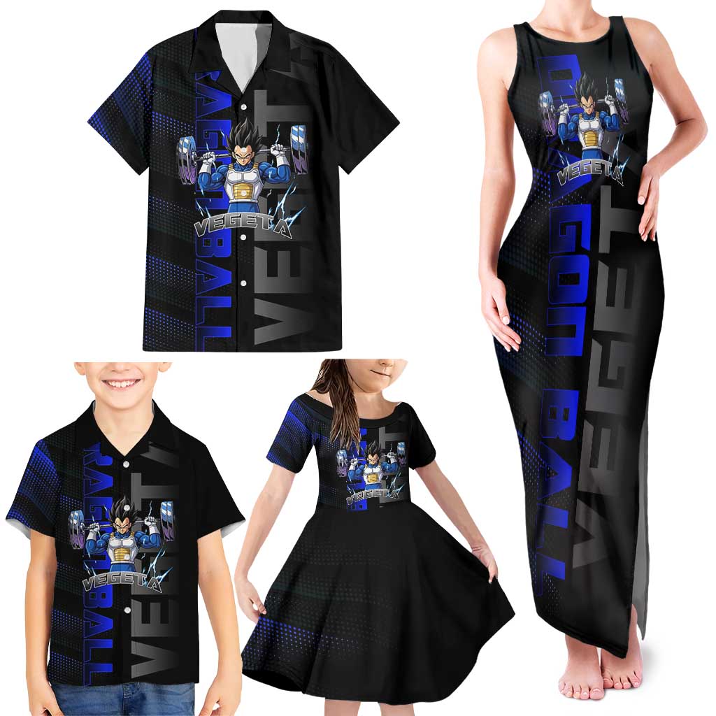 Vegeta Gym Theme Black and Blue Design Family Matching Tank Maxi Dress and Hawaiian Shirt with Powerlifting Pose and Saiyan Armor Style