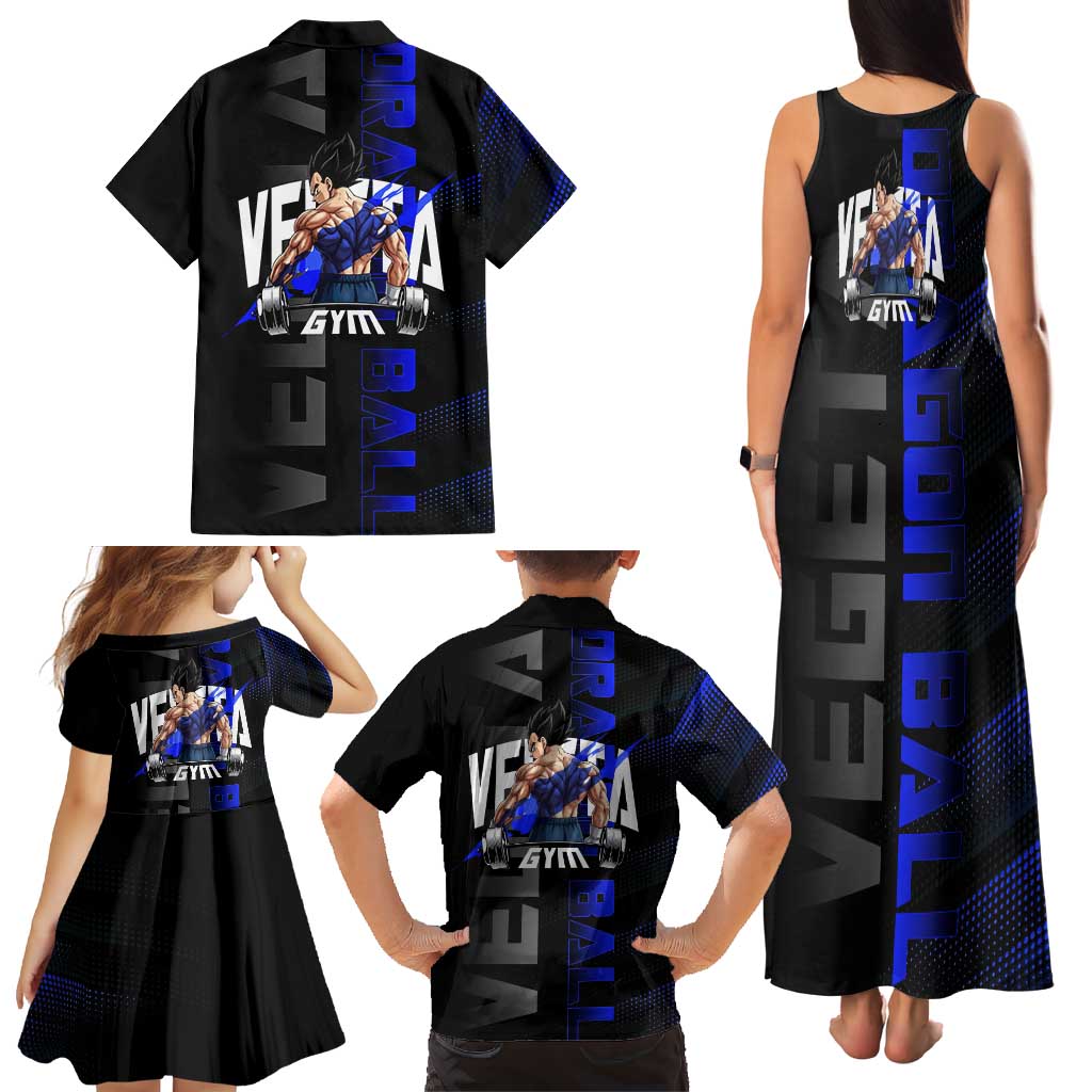 Vegeta Gym Theme Black and Blue Design Family Matching Tank Maxi Dress and Hawaiian Shirt with Powerlifting Pose and Saiyan Armor Style