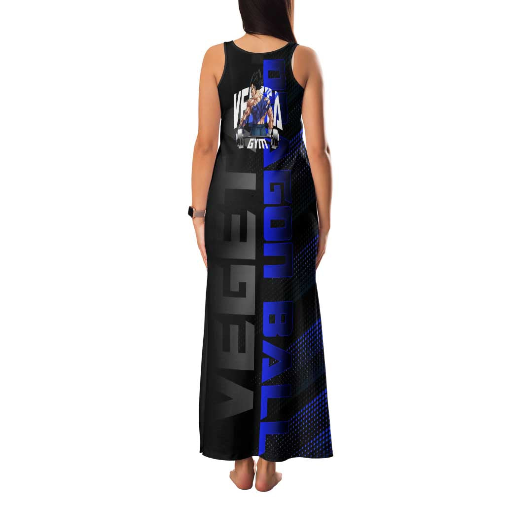 Vegeta Gym Theme Black and Blue Design Family Matching Tank Maxi Dress and Hawaiian Shirt with Powerlifting Pose and Saiyan Armor Style