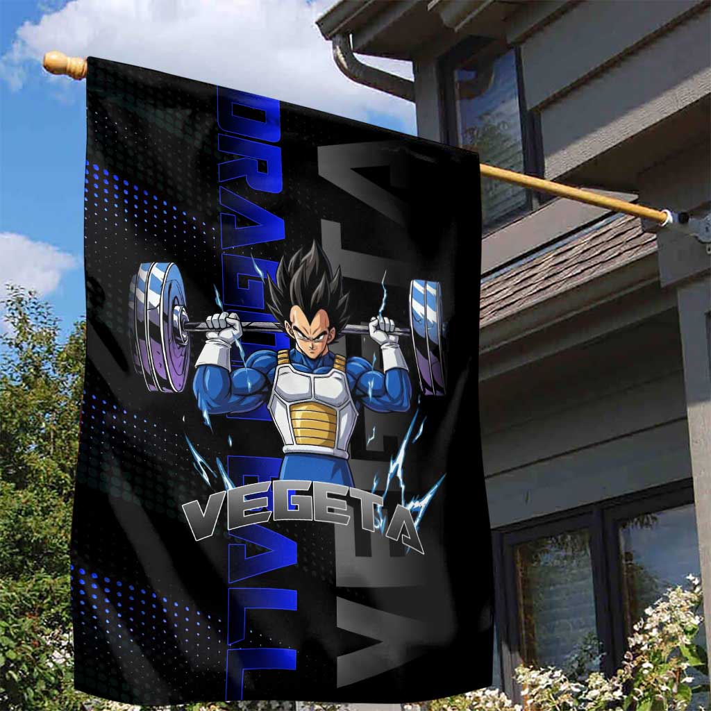 Vegeta Gym Theme Black and Blue Design Garden Flag with Powerlifting Pose and Saiyan Armor Style - The Mazicc