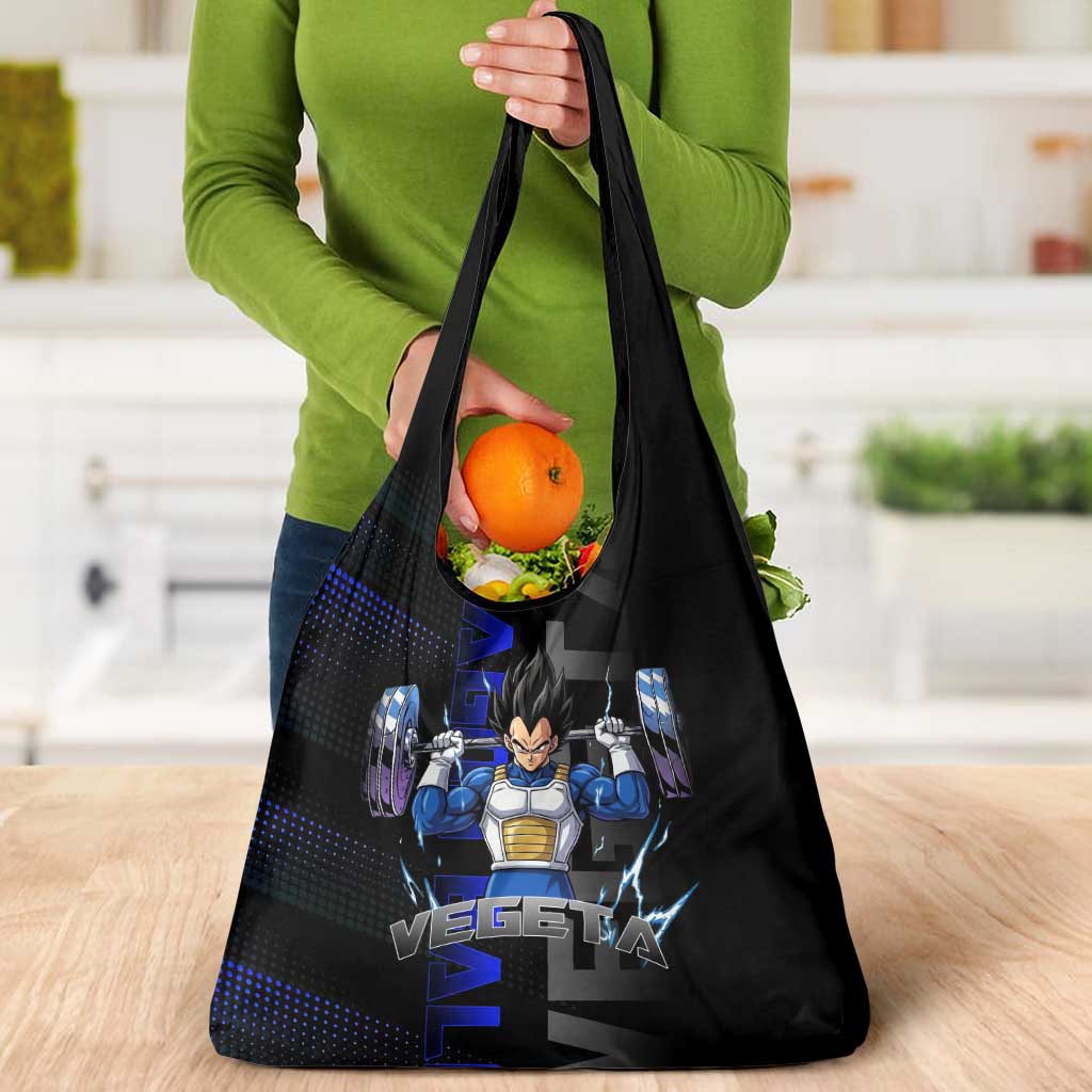 Vegeta Gym Theme Black and Blue Design Grocery Bag with Powerlifting Pose and Saiyan Armor Style - The Mazicc