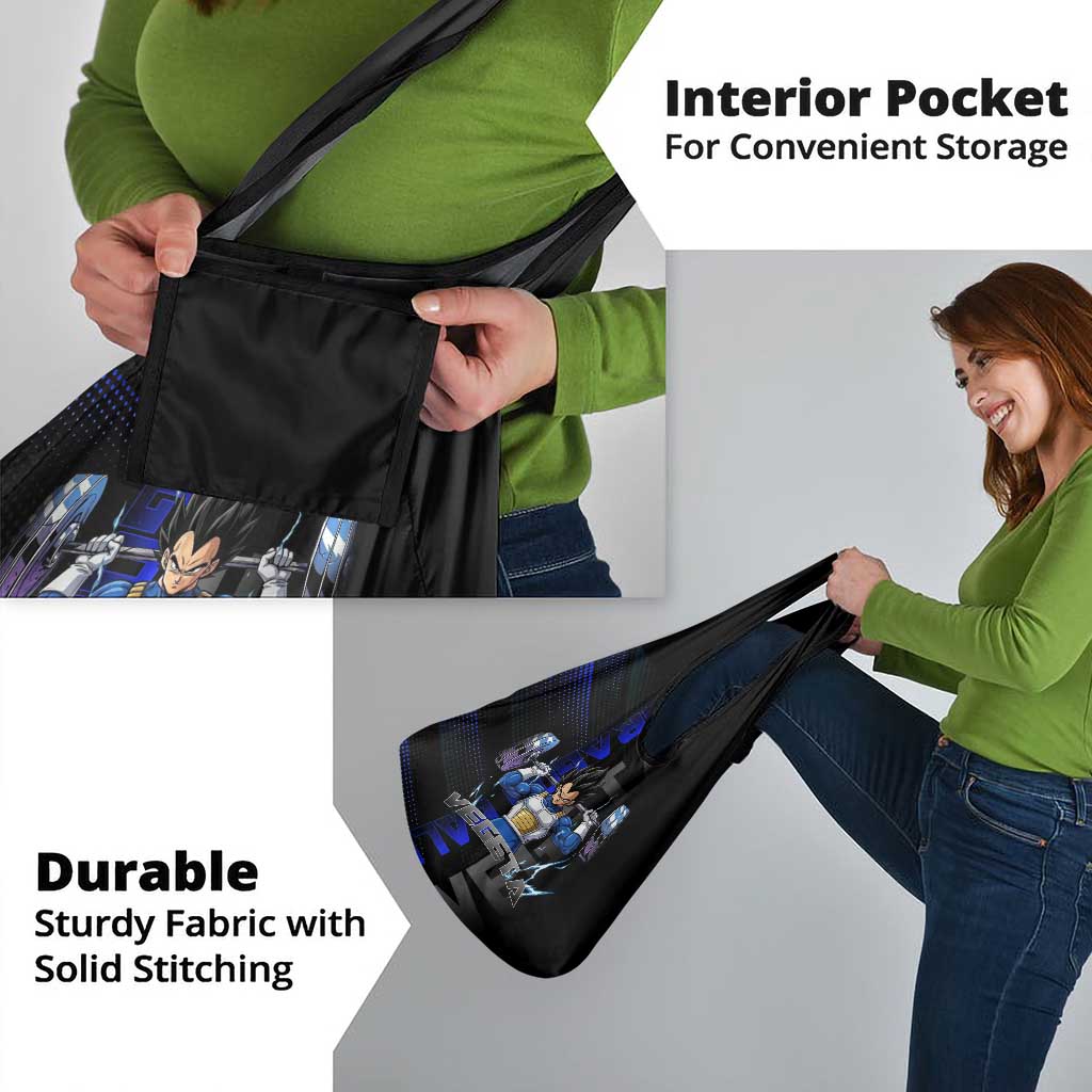 Vegeta Gym Theme Black and Blue Design Grocery Bag with Powerlifting Pose and Saiyan Armor Style - The Mazicc