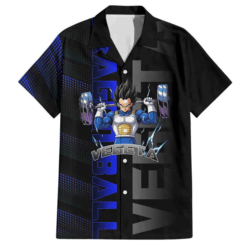 Vegeta Gym Theme Black and Blue Design Hawaiian Shirt with Powerlifting Pose and Saiyan Armor Style - The Mazicc