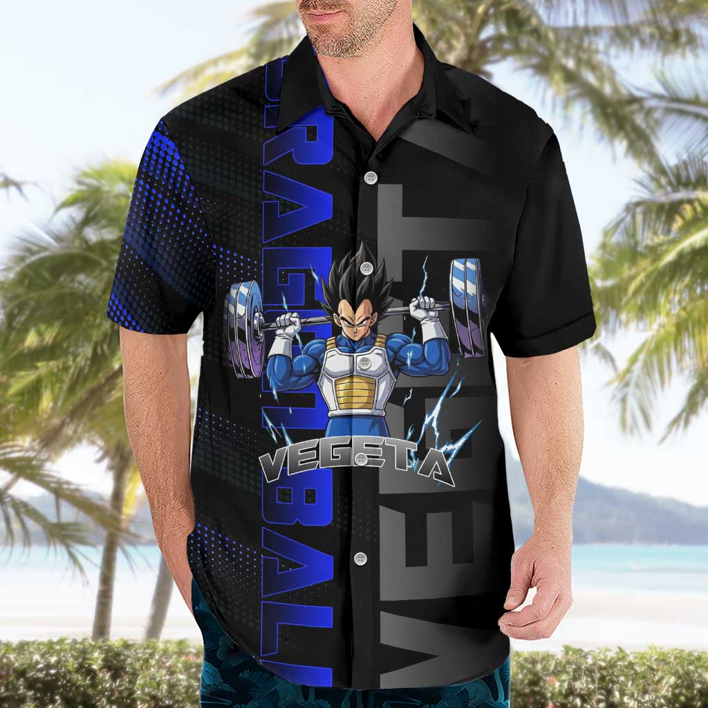 Vegeta Gym Theme Black and Blue Design Hawaiian Shirt with Powerlifting Pose and Saiyan Armor Style - The Mazicc