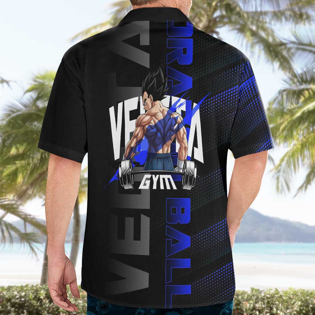 Vegeta Gym Theme Black and Blue Design Hawaiian Shirt with Powerlifting Pose and Saiyan Armor Style - The Mazicc