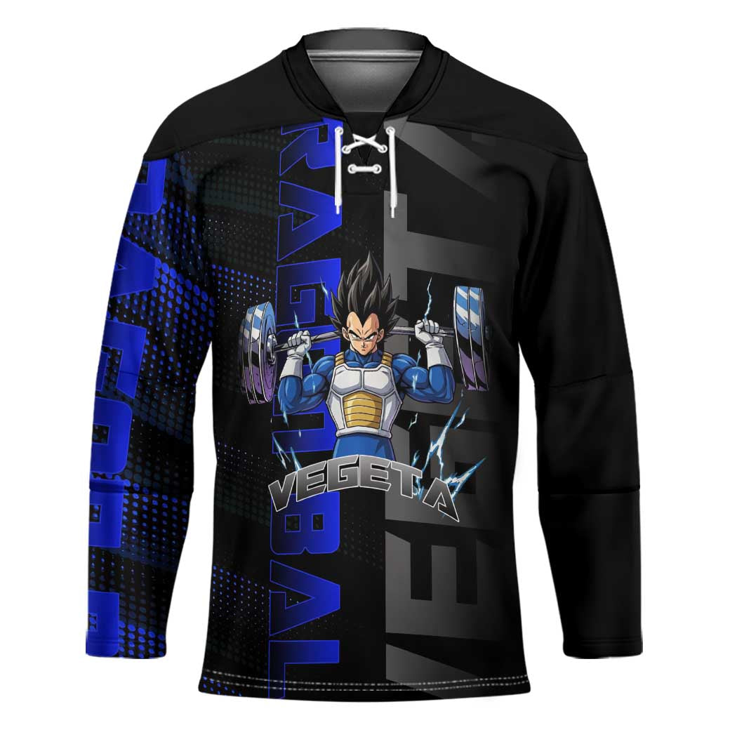 Vegeta Gym Theme Black and Blue Design Hockey Jersey with Powerlifting Pose and Saiyan Armor Style - The Mazicc