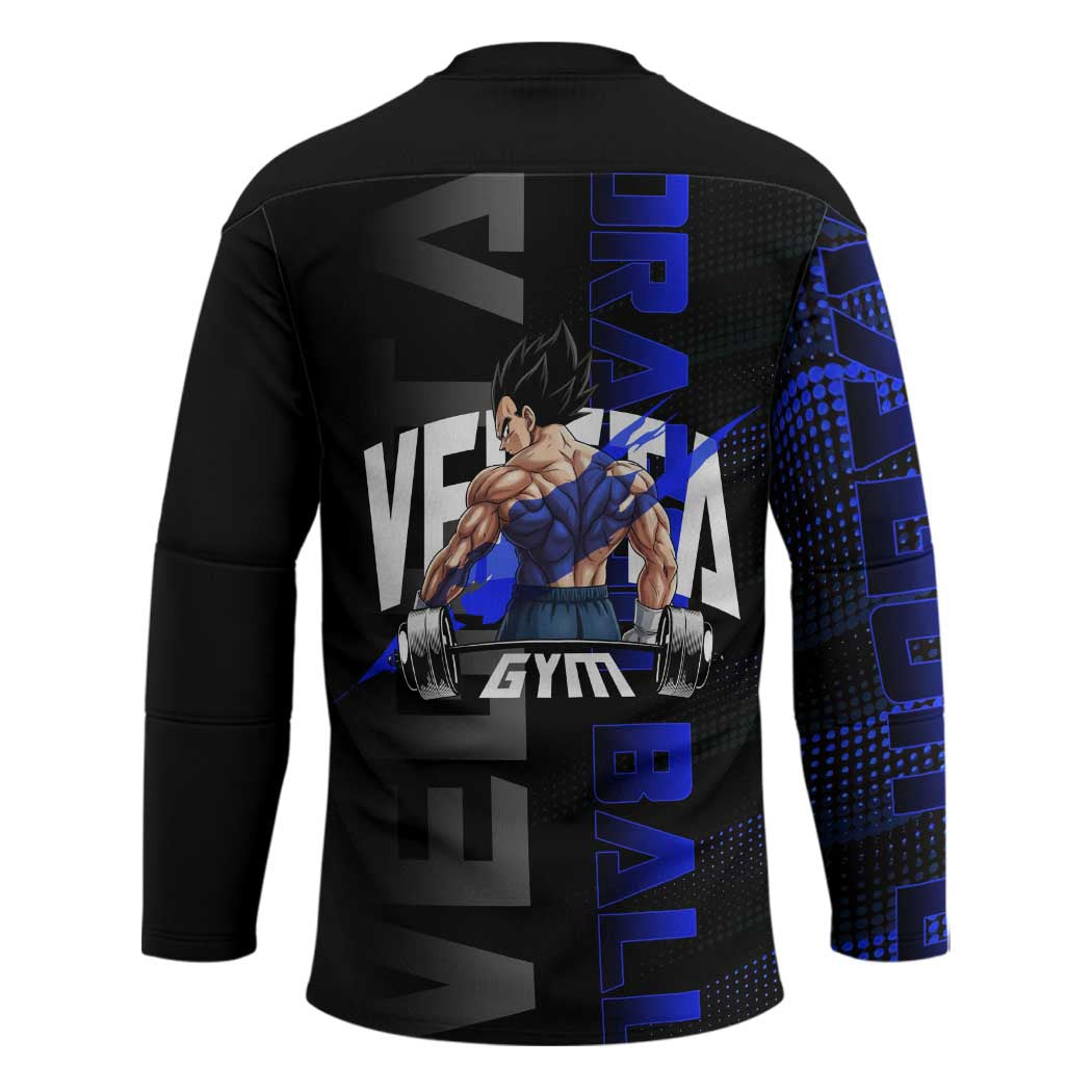 Vegeta Gym Theme Black and Blue Design Hockey Jersey with Powerlifting Pose and Saiyan Armor Style - The Mazicc