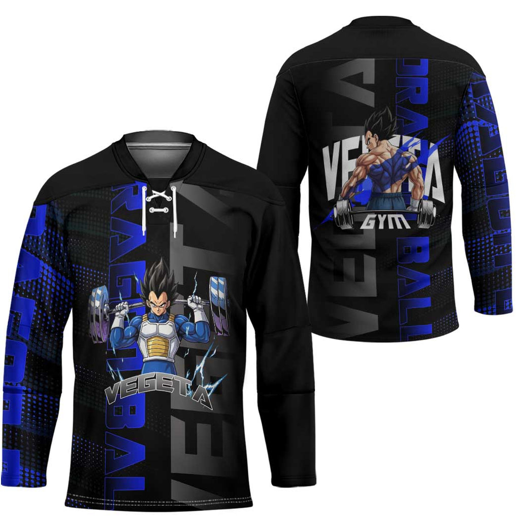 Vegeta Gym Theme Black and Blue Design Hockey Jersey with Powerlifting Pose and Saiyan Armor Style - The Mazicc