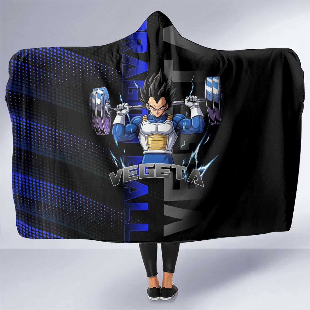 Vegeta Gym Theme Black and Blue Design Hooded Blanket with Powerlifting Pose and Saiyan Armor Style - The Mazicc