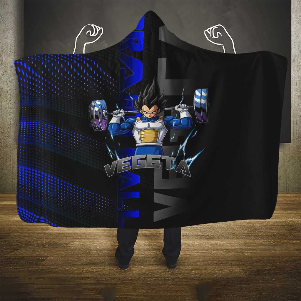 Vegeta Gym Theme Black and Blue Design Hooded Blanket with Powerlifting Pose and Saiyan Armor Style - The Mazicc