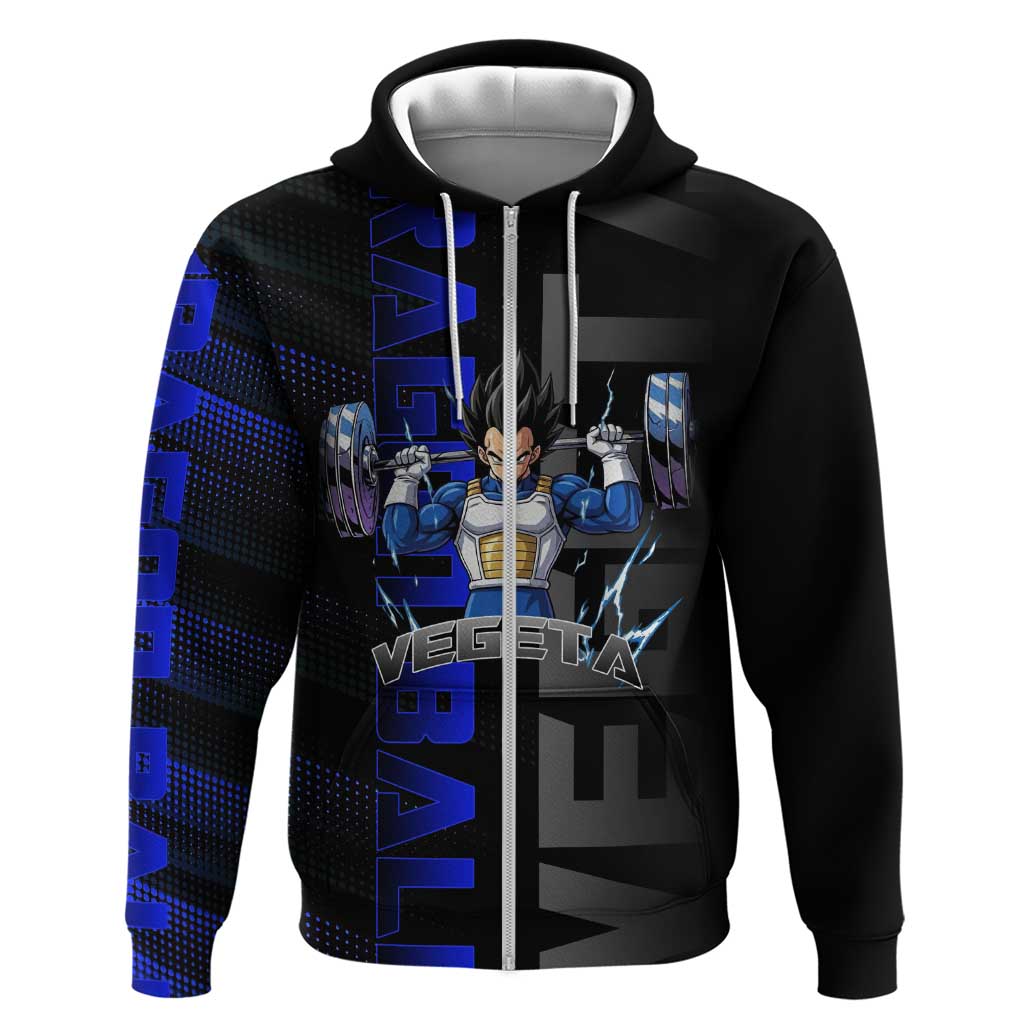 Vegeta Gym Theme Black and Blue Design Hoodie with Powerlifting Pose and Saiyan Armor Style - The Mazicc