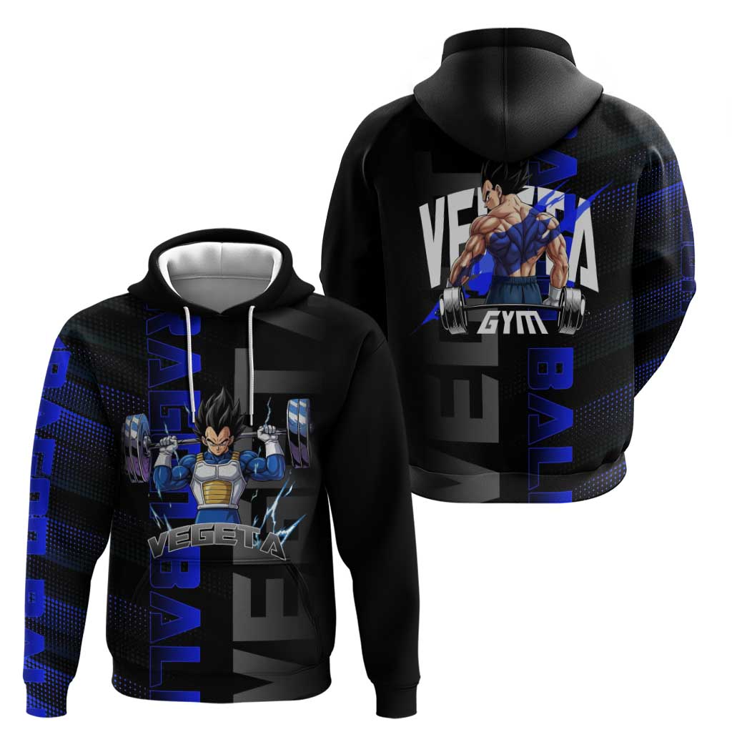 Vegeta Gym Theme Black and Blue Design Hoodie with Powerlifting Pose and Saiyan Armor Style - The Mazicc