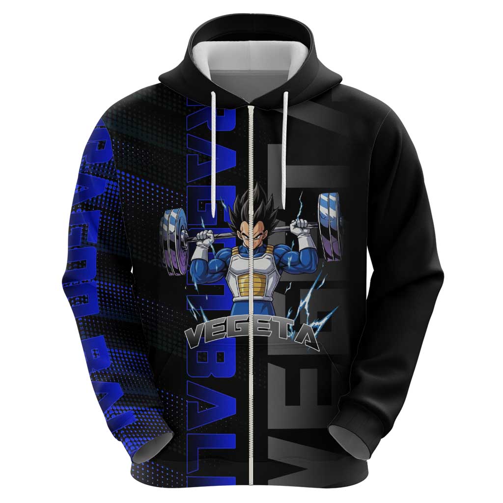 Vegeta Gym Theme Black and Blue Design Hoodie with Powerlifting Pose and Saiyan Armor Style - The Mazicc