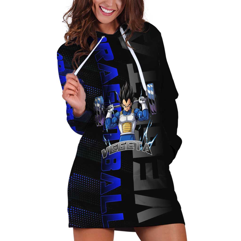Vegeta Gym Theme Black and Blue Design Hoodie Dress with Powerlifting Pose and Saiyan Armor Style - The Mazicc