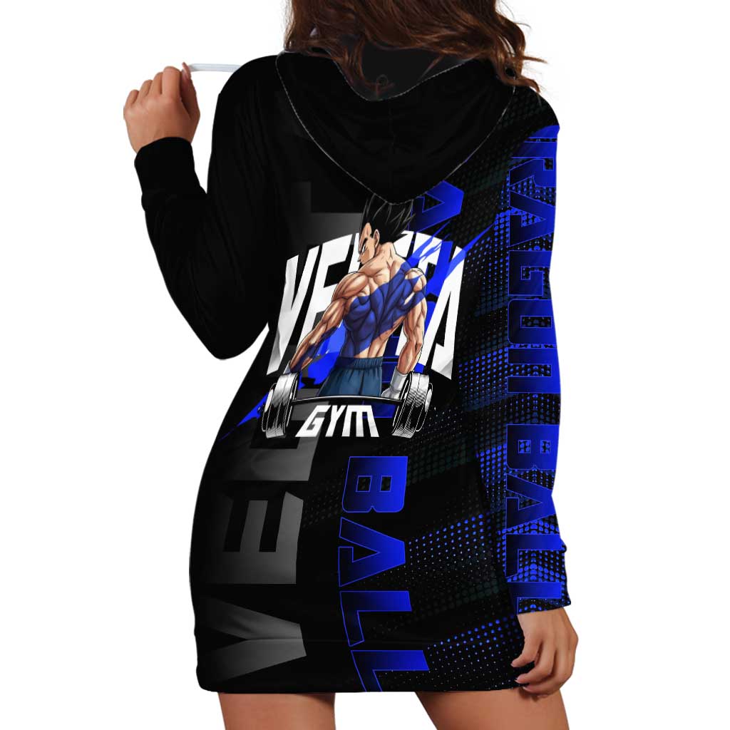 Vegeta Gym Theme Black and Blue Design Hoodie Dress with Powerlifting Pose and Saiyan Armor Style - The Mazicc