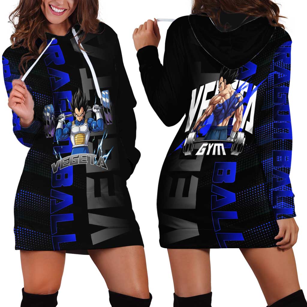 Vegeta Gym Theme Black and Blue Design Hoodie Dress with Powerlifting Pose and Saiyan Armor Style - The Mazicc
