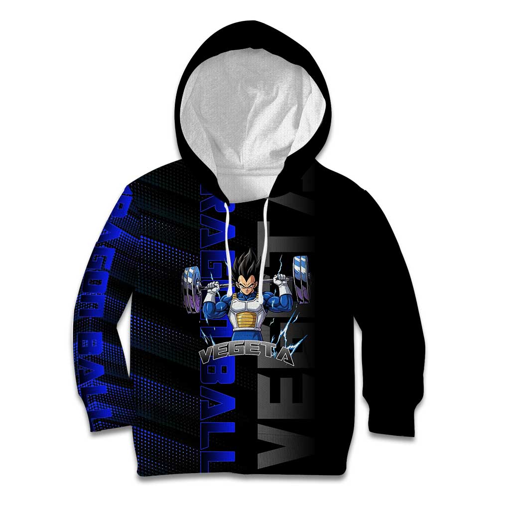 Vegeta Gym Theme Black and Blue Design Kid Hoodie with Powerlifting Pose and Saiyan Armor Style - The Mazicc