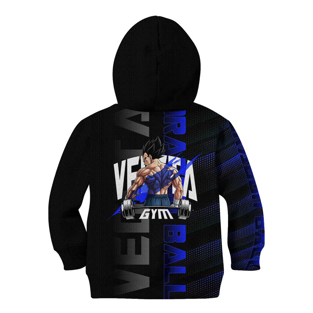 Vegeta Gym Theme Black and Blue Design Kid Hoodie with Powerlifting Pose and Saiyan Armor Style - The Mazicc
