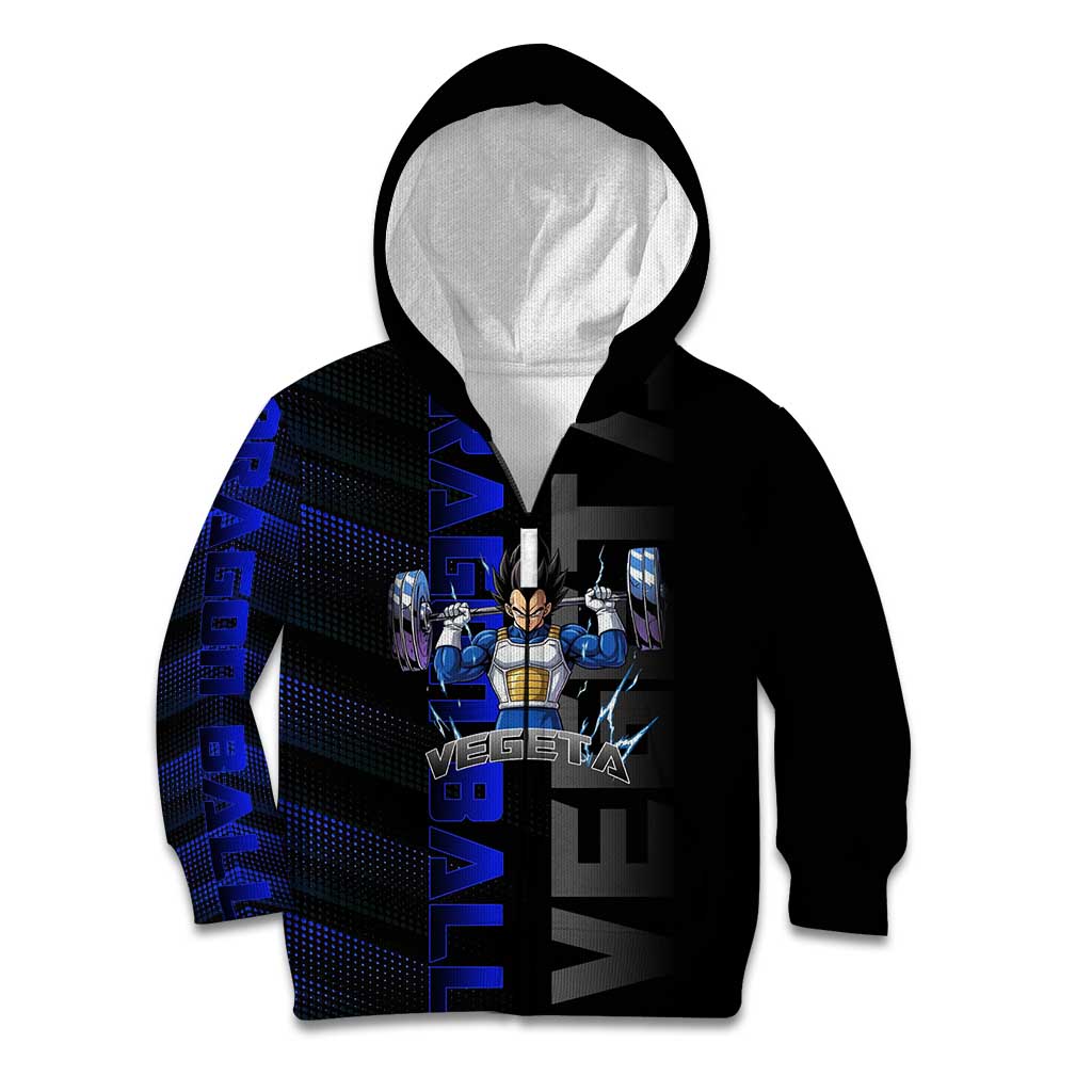 Vegeta Gym Theme Black and Blue Design Kid Hoodie with Powerlifting Pose and Saiyan Armor Style - The Mazicc