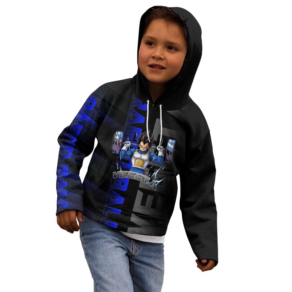 Vegeta Gym Theme Black and Blue Design Kid Hoodie with Powerlifting Pose and Saiyan Armor Style - The Mazicc