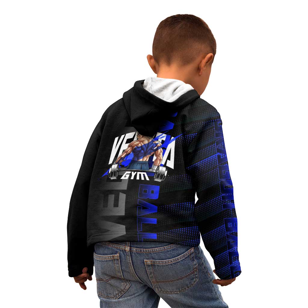 Vegeta Gym Theme Black and Blue Design Kid Hoodie with Powerlifting Pose and Saiyan Armor Style - The Mazicc