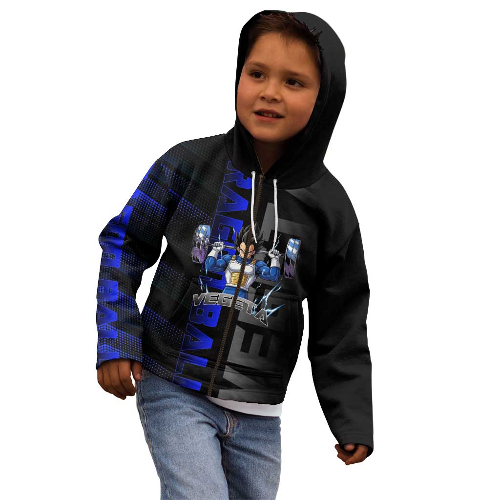 Vegeta Gym Theme Black and Blue Design Kid Hoodie with Powerlifting Pose and Saiyan Armor Style - The Mazicc