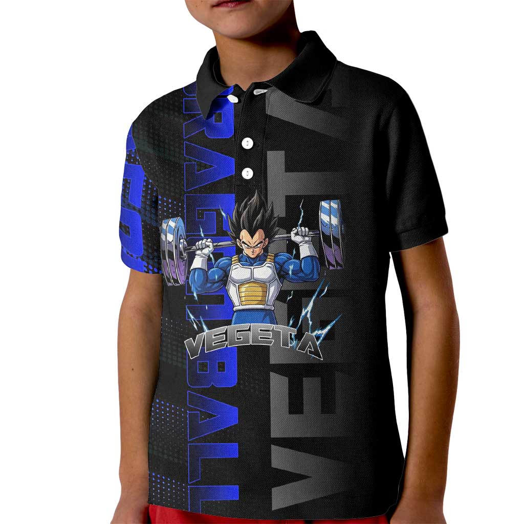 Vegeta Gym Theme Black and Blue Design Kid Polo Shirt with Powerlifting Pose and Saiyan Armor Style - The Mazicc