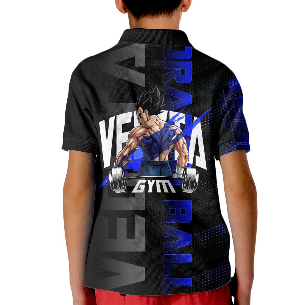 Vegeta Gym Theme Black and Blue Design Kid Polo Shirt with Powerlifting Pose and Saiyan Armor Style - The Mazicc
