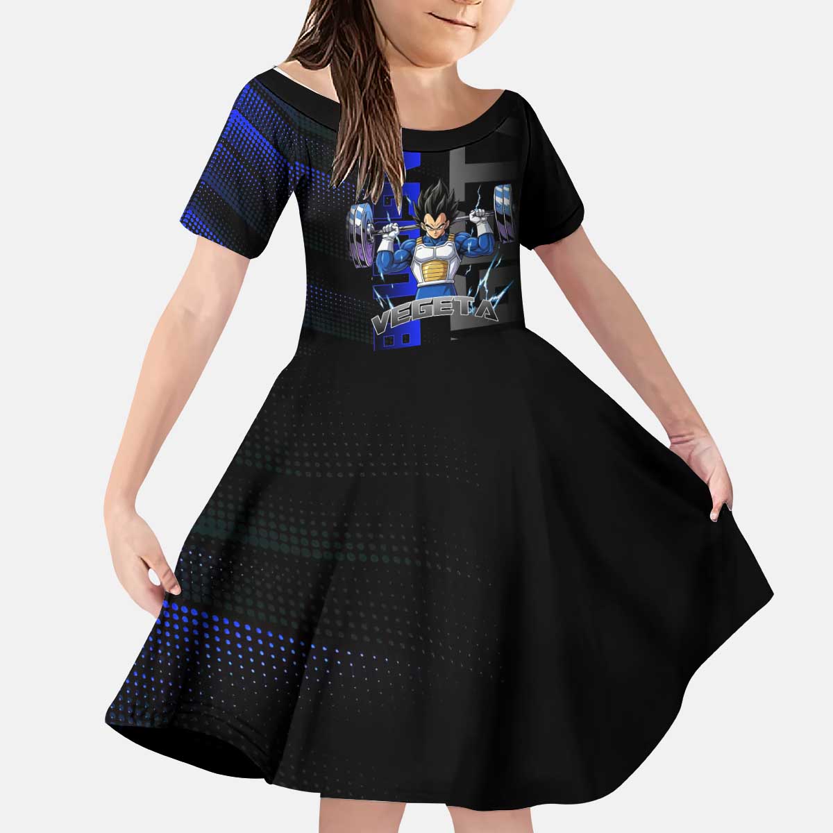 Vegeta Gym Theme Black and Blue Design Kid Short Sleeve Dress with Powerlifting Pose and Saiyan Armor Style - The Mazicc