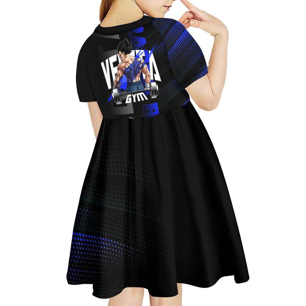 Vegeta Gym Theme Black and Blue Design Kid Short Sleeve Dress with Powerlifting Pose and Saiyan Armor Style - The Mazicc