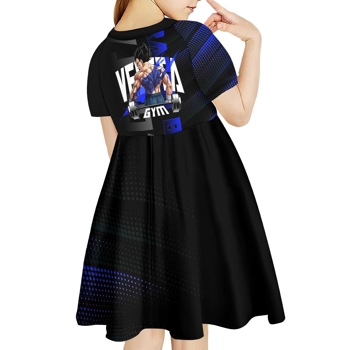 Vegeta Gym Theme Black and Blue Design Kid Short Sleeve Dress with Powerlifting Pose and Saiyan Armor Style - The Mazicc