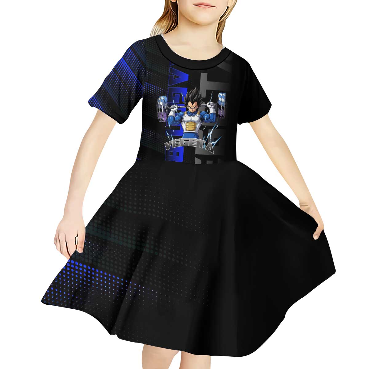 Vegeta Gym Theme Black and Blue Design Kid Short Sleeve Dress with Powerlifting Pose and Saiyan Armor Style - The Mazicc