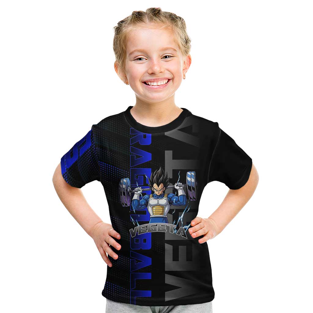 Vegeta Gym Theme Black and Blue Design Kid T Shirt with Powerlifting Pose and Saiyan Armor Style - The Mazicc