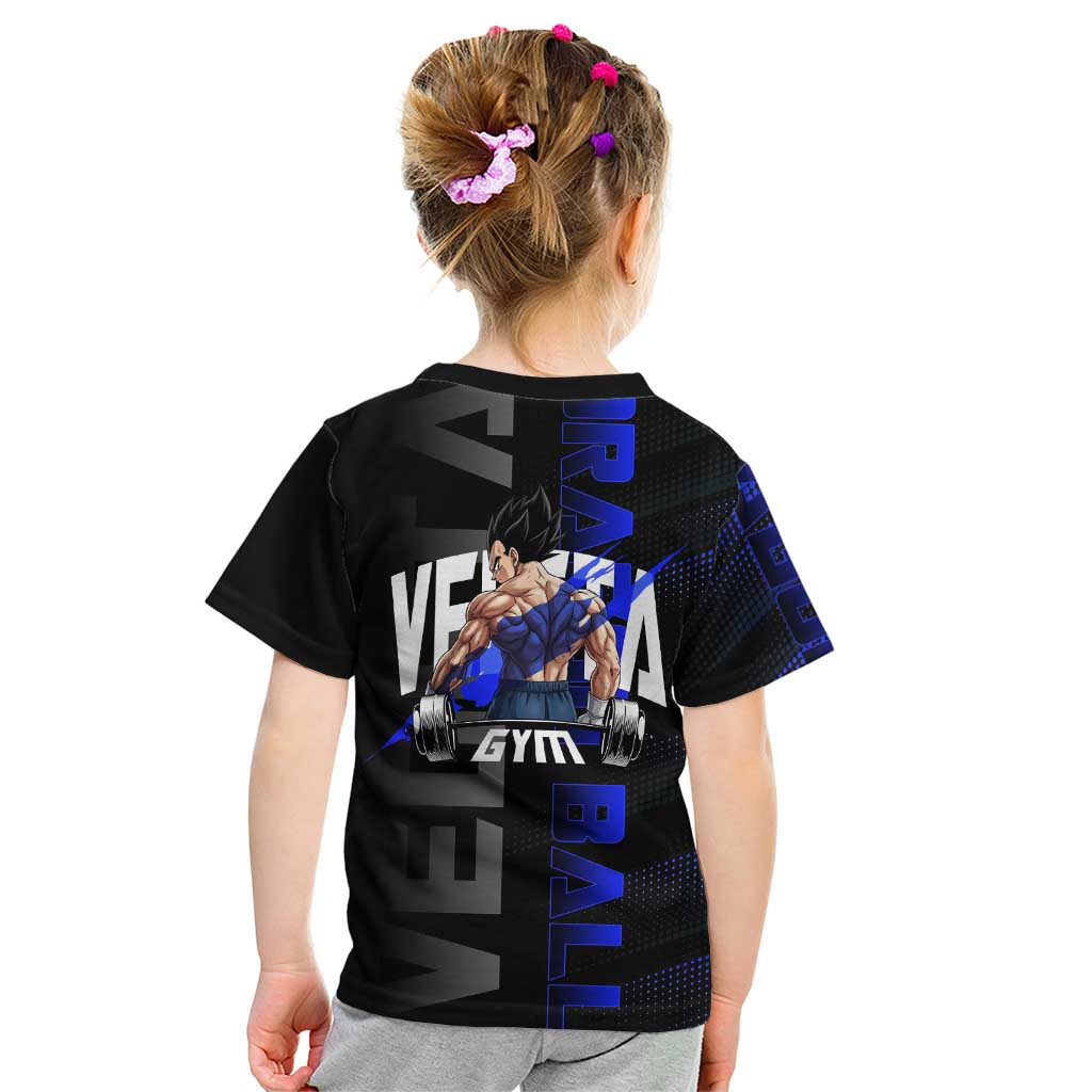 Vegeta Gym Theme Black and Blue Design Kid T Shirt with Powerlifting Pose and Saiyan Armor Style - The Mazicc