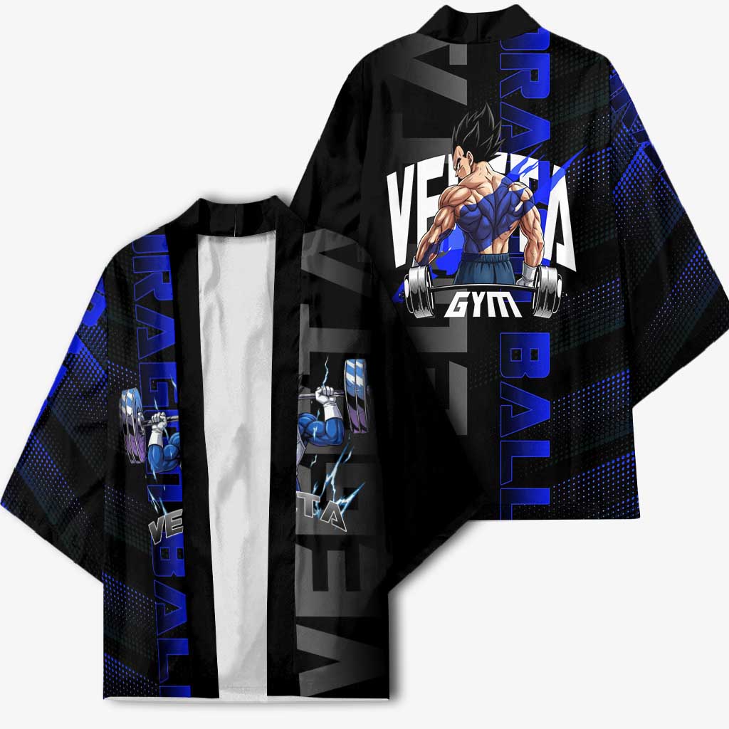 Vegeta Gym Theme Black and Blue Design Kimono with Powerlifting Pose and Saiyan Armor Style - The Mazicc