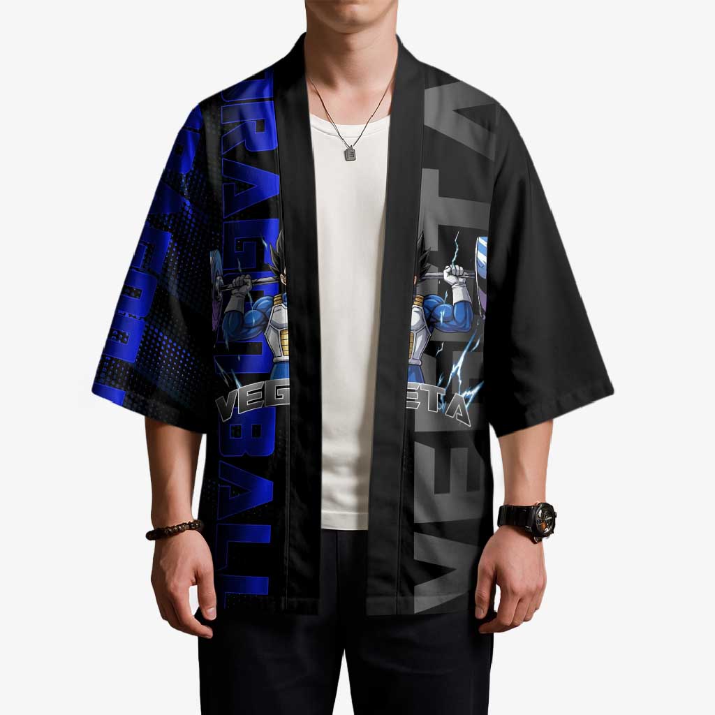 Vegeta Gym Theme Black and Blue Design Kimono with Powerlifting Pose and Saiyan Armor Style - The Mazicc
