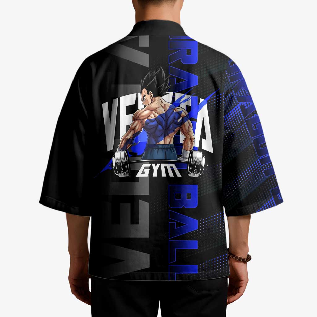 Vegeta Gym Theme Black and Blue Design Kimono with Powerlifting Pose and Saiyan Armor Style - The Mazicc