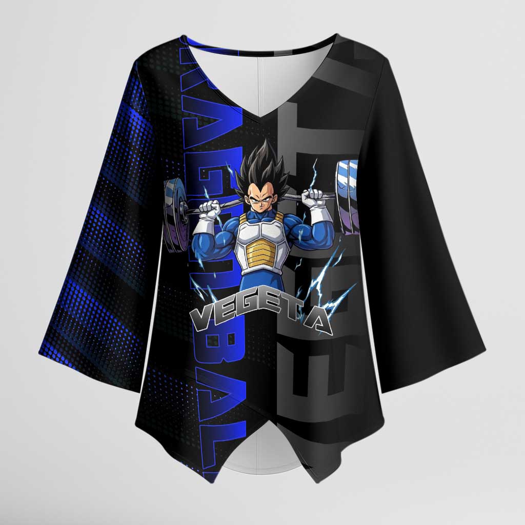 Vegeta Gym Theme Black and Blue Design Kimono Sleeve Blouse with Powerlifting Pose and Saiyan Armor Style - The Mazicc