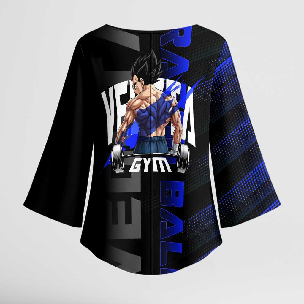 Vegeta Gym Theme Black and Blue Design Kimono Sleeve Blouse with Powerlifting Pose and Saiyan Armor Style - The Mazicc