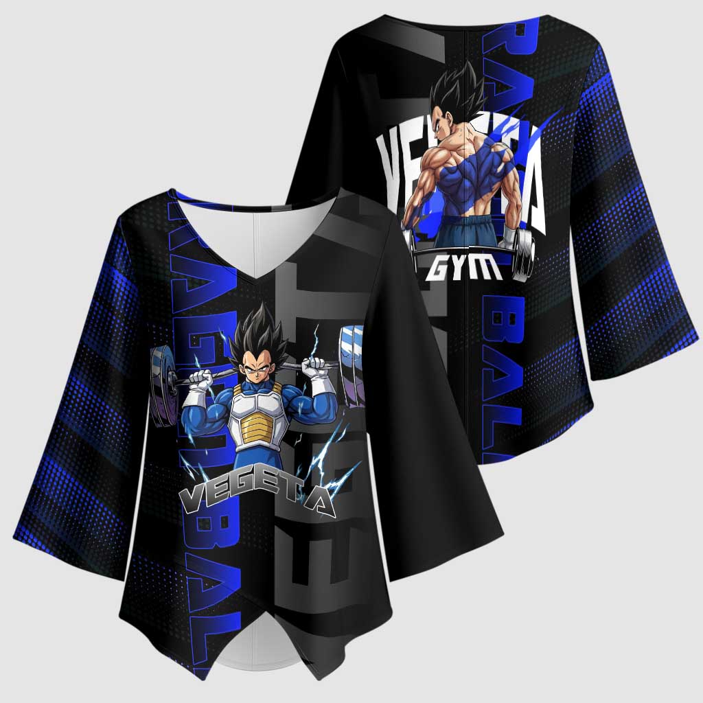 Vegeta Gym Theme Black and Blue Design Kimono Sleeve Blouse with Powerlifting Pose and Saiyan Armor Style - The Mazicc