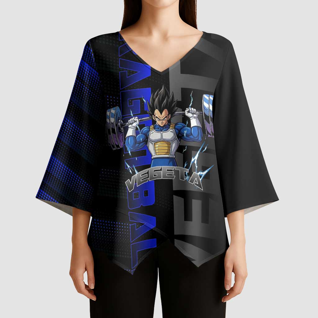 Vegeta Gym Theme Black and Blue Design Kimono Sleeve Blouse with Powerlifting Pose and Saiyan Armor Style - The Mazicc